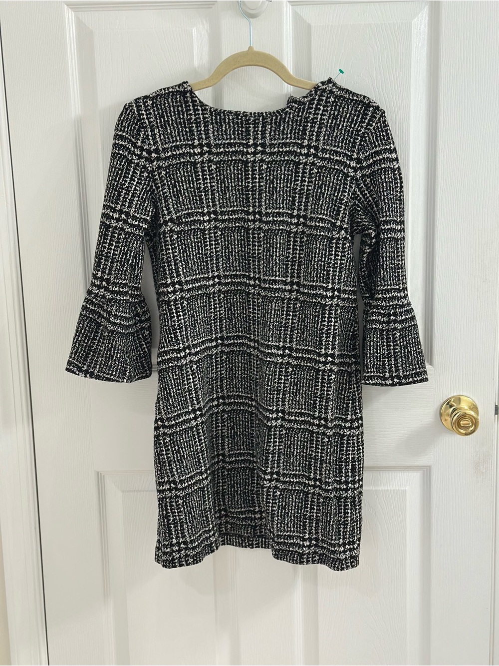 Banana Republic Black & White Plaid Knit Bell-Sleeve Dress